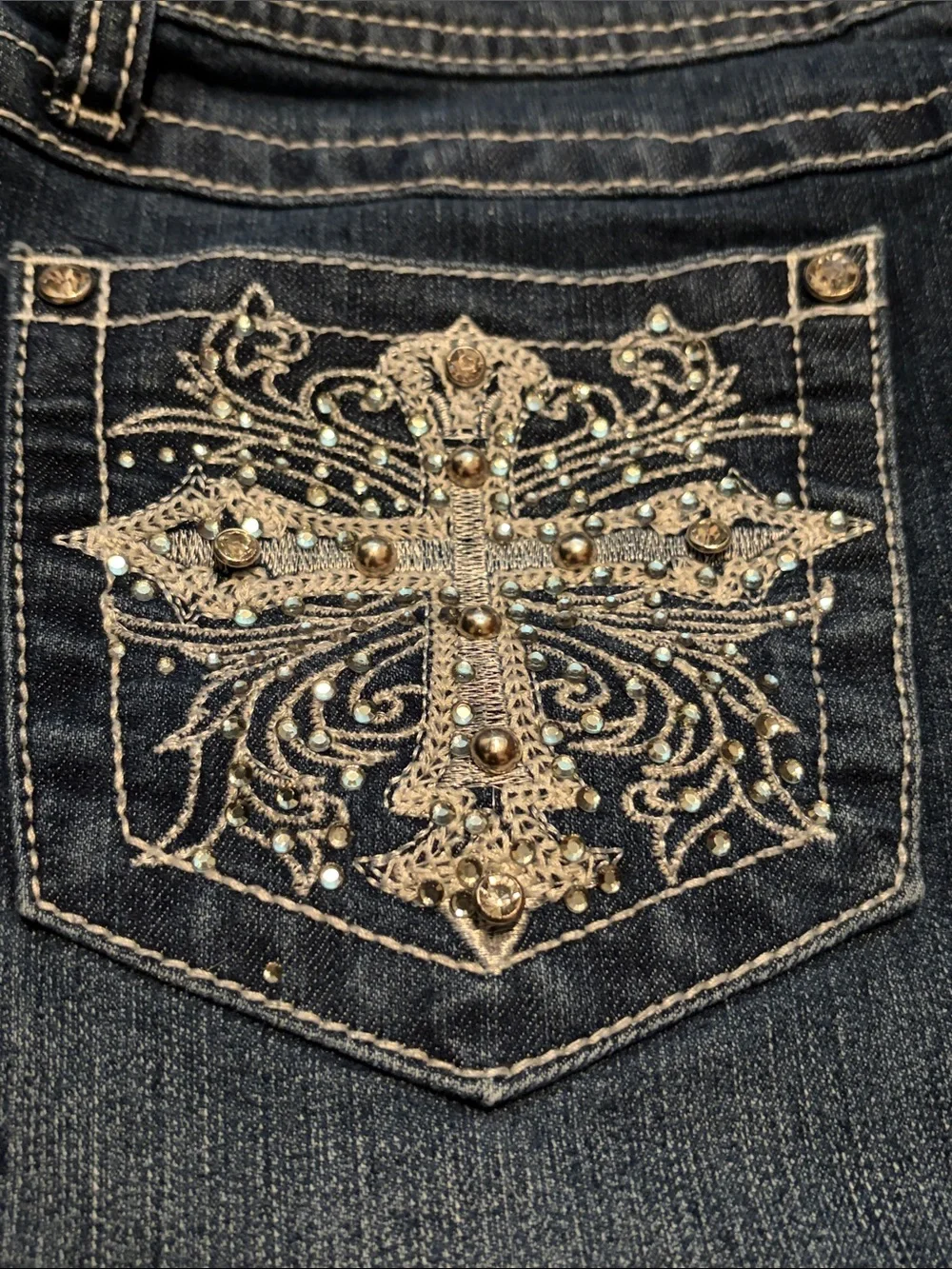 Earl Jean Denim Skirt Rhinestone Cross Pocket Detail